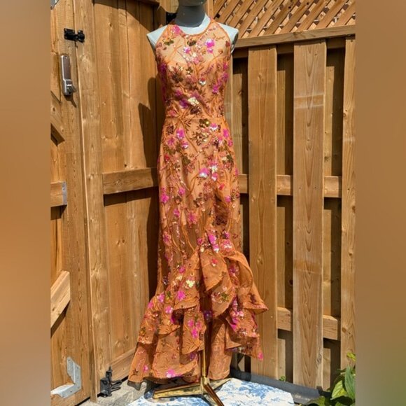 🆕 BRONX & BANCO🧿 NWOT Sicilia Coral Sequin Fluted Hem Maxi Dress, Sz XS US2 - Picture 11 of 15
